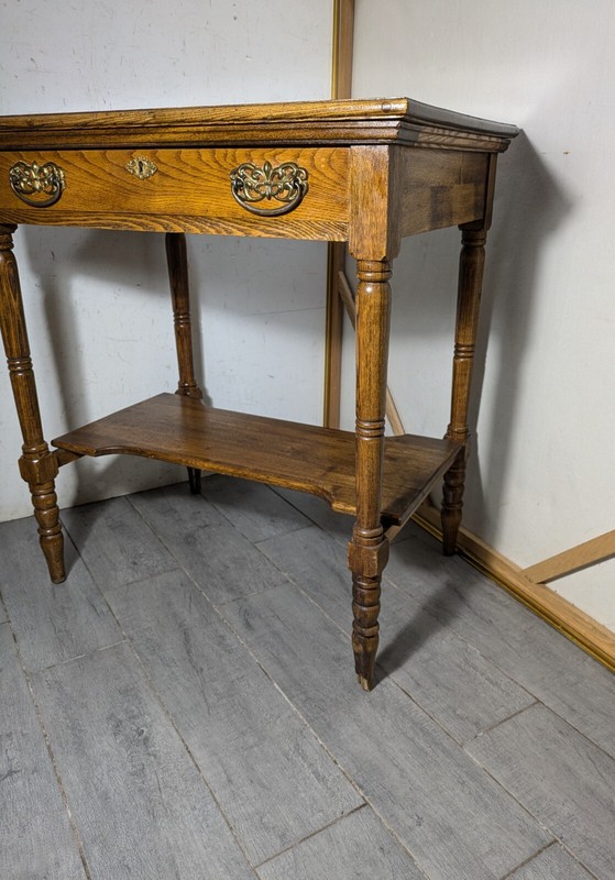 Antique Victorian Rustic Oak Wood 2-Tier 1-Drawer Parlor Table gallery