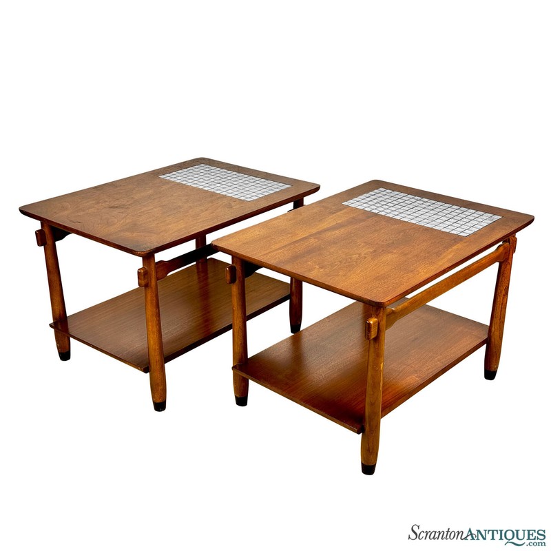 Mid-Century Lane Monte Carlo Walnut & Tile Inlay End Tables – A Pair