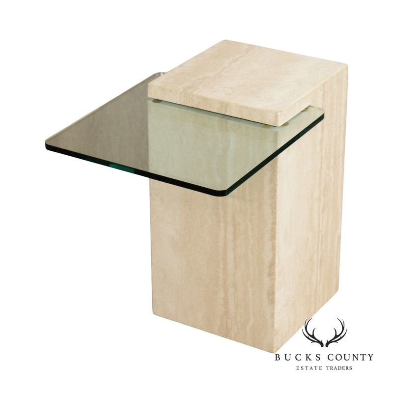 Post Modern Cantilevered Glass and Travertine Side Table