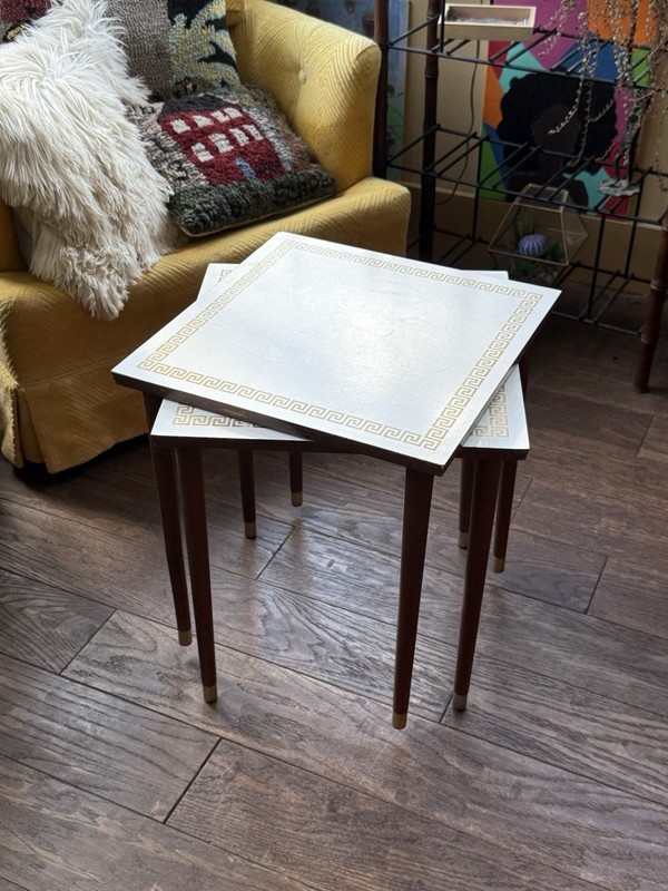 Vintage MCM nesting Stacking Tables Greek Key Design ARTEX 2 White /gold Accents