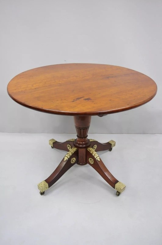 19th C. French Empire Style Round Mahogany Bronze Mount Tilt Top Center Table gallery