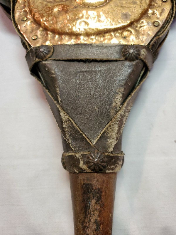 Vintage Copper AZTEC STATUTE FIREPLACE BELLOW Leather & Wood End RARE gallery