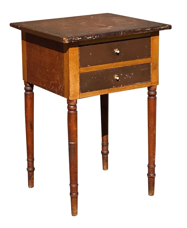 IMPORTANT ANTIQUE FEDERAL PERIOD VERMONT GRAIN PAINTED WORK TABLE / NIGHTSTAND gallery