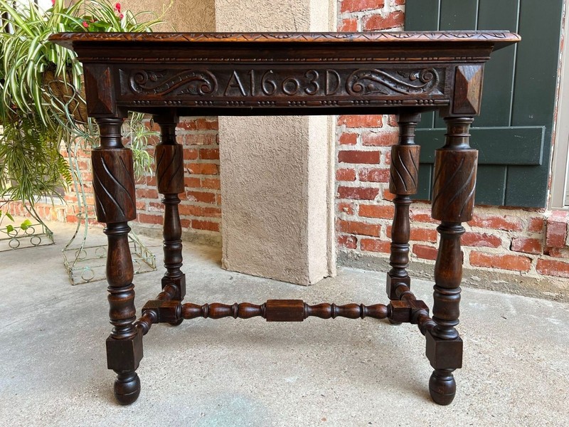 Antique English Carved Oak Hall Sofa Table British Tudor c1900 gallery