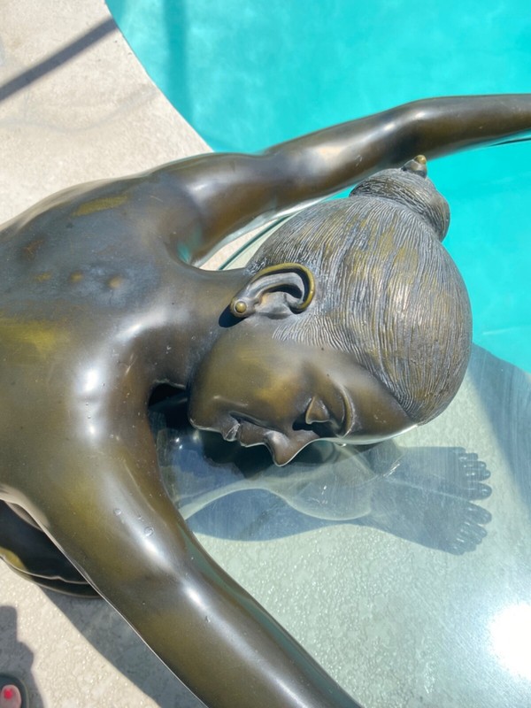 GORGEOUS BRONZE NUDE WOMEN HOLDING GLASS TOP COFFEE TABLE