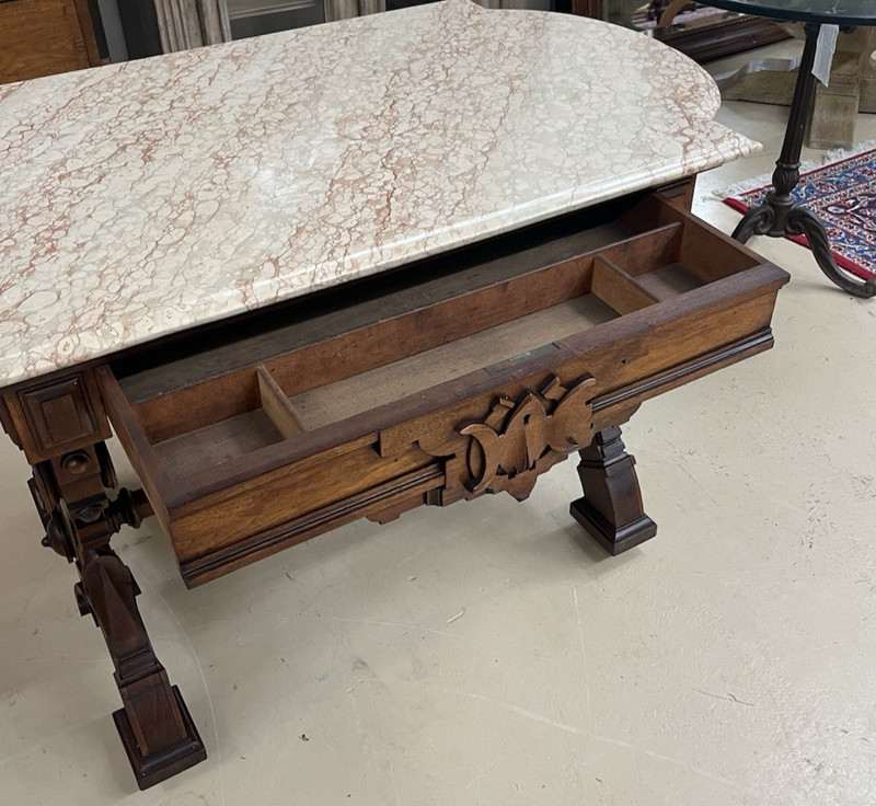 19th C. Victorian Renaissance Revival Carved Walnut Marble-Top Desk 49.5" gallery