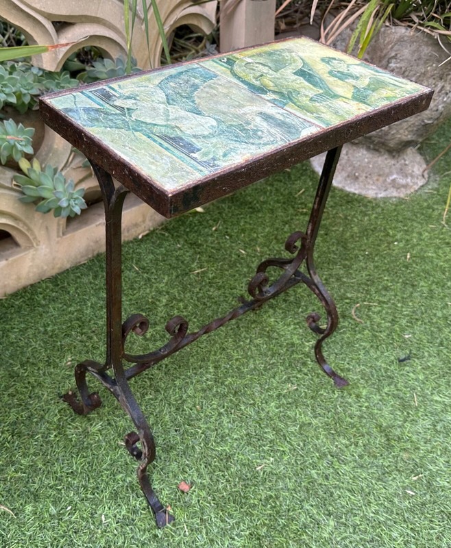 Late 19th century Wrought Iron Roman Fresco Tile Table gallery