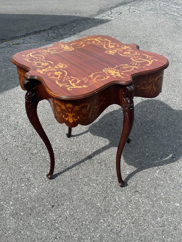 Antique Horner Style Inlaid Parlor Table Victorian Figural Carved 1890 gallery