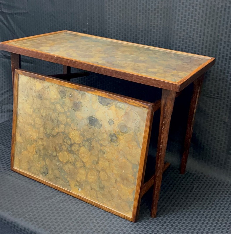 MCM Hollywood Regency Gold Agate Laminate top wood stacking tables Vintage RARE gallery