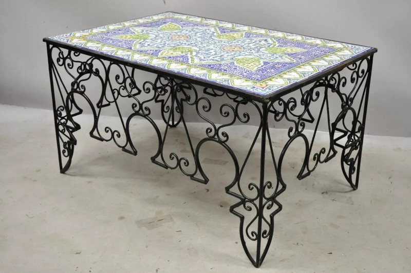Arts & Crafts Ceramic California Tile Wrought Iron Coffee Table attr. Catalina gallery
