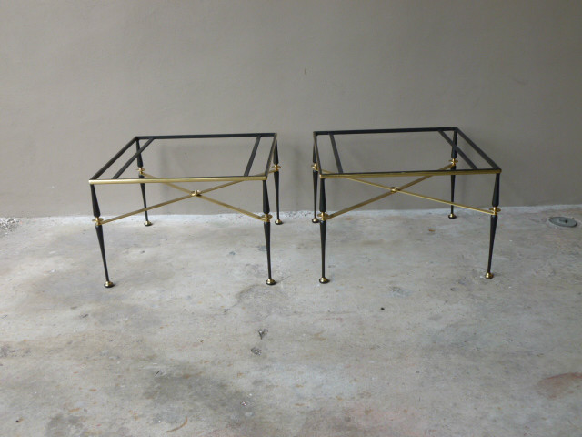 PAIR MID CENTURY FRENCH IRON & BRASS END TABLES W MILK GLASS TOPS MAISON JANSEN gallery