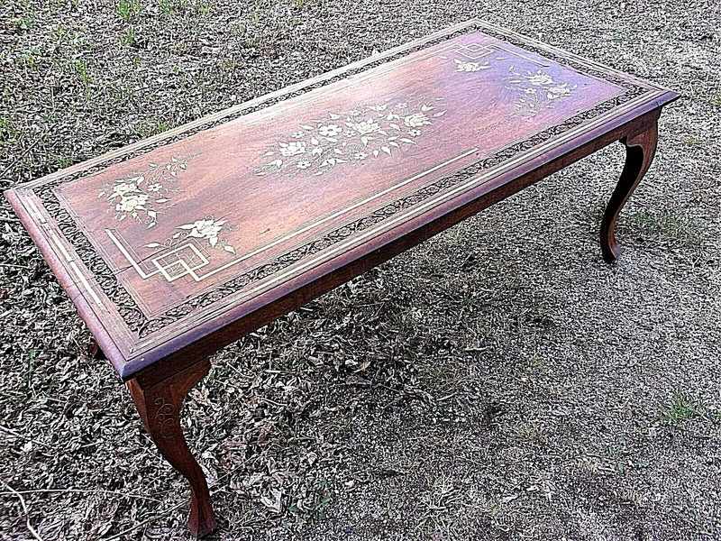 VINTAGE EARLY 20th CENTURY BRASS INLAID CARVED WOOD COFFEE TABLE gallery