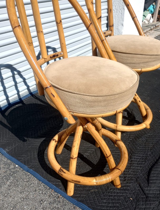 Vintage Mid Century Bamboo Rattan Set Of 3 Swivel Bar Stools gallery