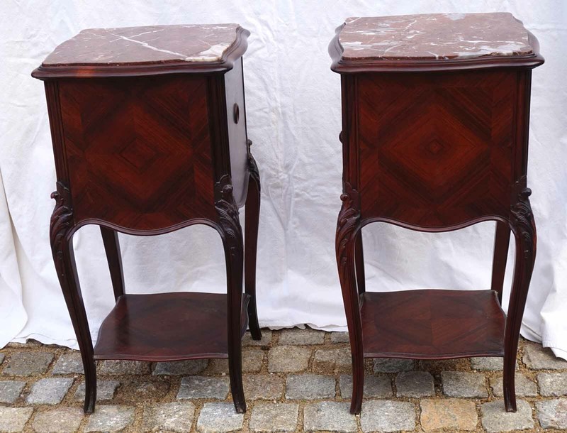 French Carved Rosewood Red Marble Pair Night Stand Side Table Louis XV Style 19C gallery