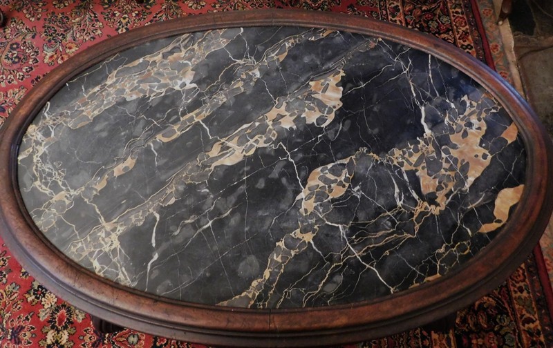 Walnut Victorian Marble Top Table circa 1860 ( Black and Gold Marble) gallery