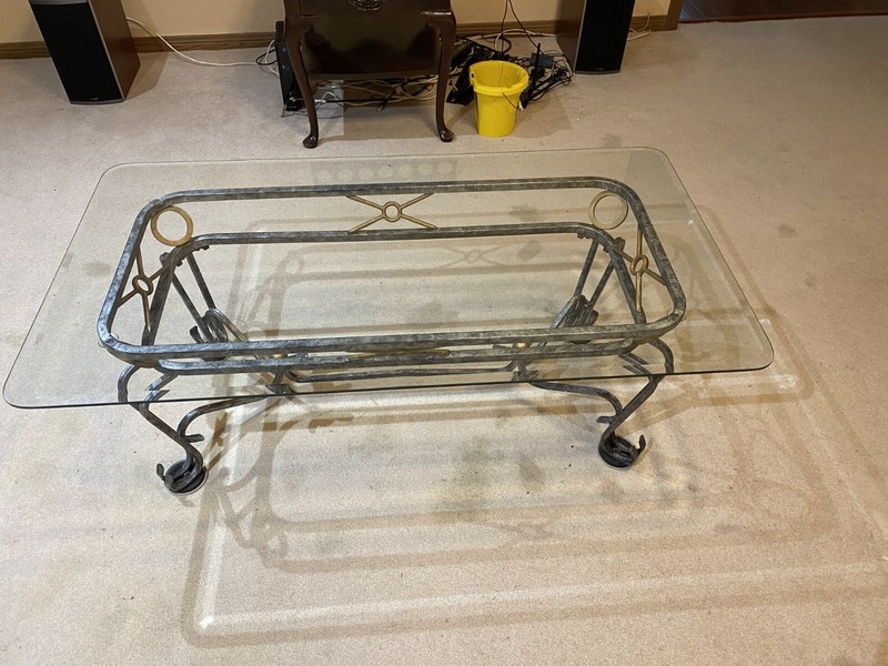 Antique Rustic Glass Coffee Table with handmade iron frame with ornamental look