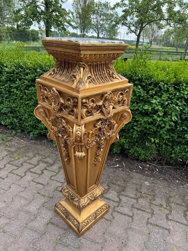 Pedestal French Louis XVI Gold Resin Marble Top Floral Display Stand 1960 Tall gallery