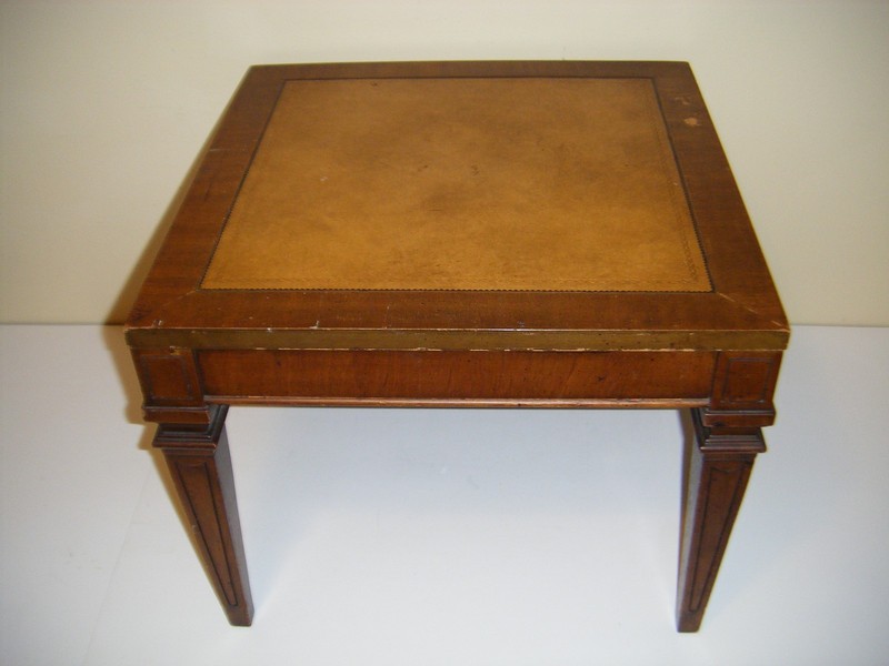 Antique MCM Wood Leather Top 18"x18" Ornate End Table gallery
