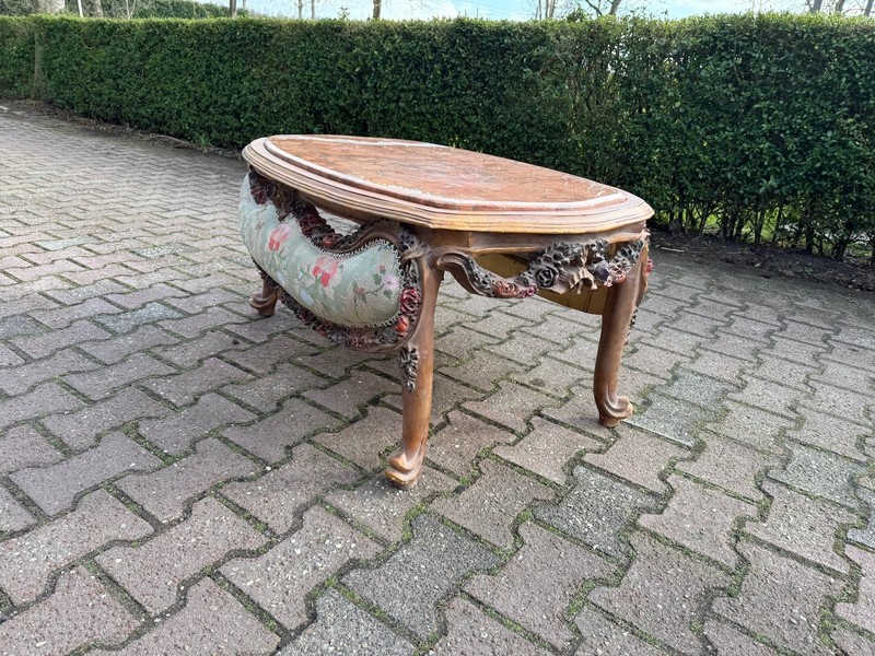 Coffee Table French Louis XVI 1950 Mahogany Marble Floral Damask Salon Table gallery