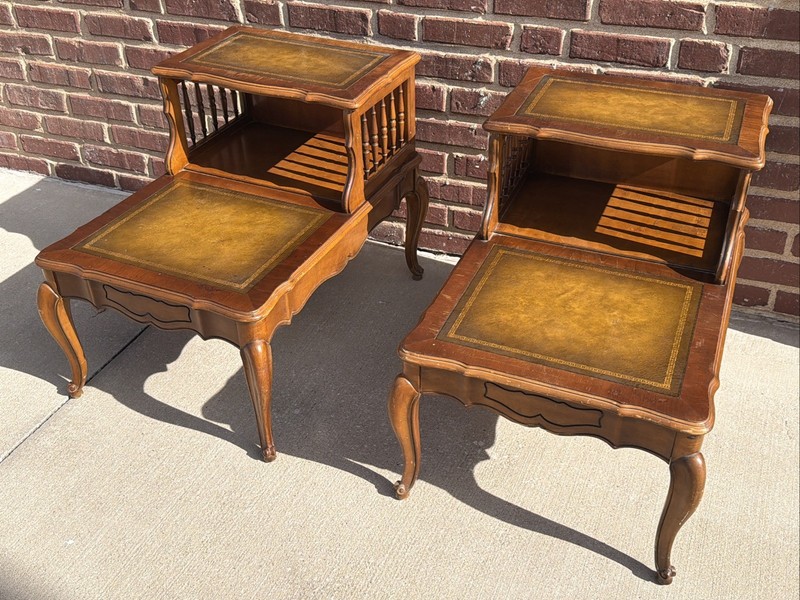 PAIR Step-Back Tooled Leather Top ANTIQUE Side End Tables