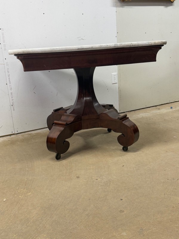 Antique classical empire flame mahogany marble top center table Meeks NY 1830 gallery