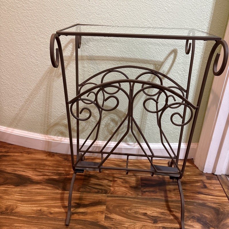 VTG-Wrought Iron Side Table With Glass Top & Magazine Rack-or Reasonable Offer