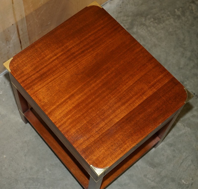 PAIR OF FULLY RESTORED HARRODS LONDON MILITARY CAMPAIGN SINGLE DRAWER SIDE TABLE gallery