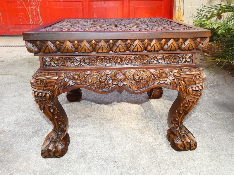 Deeply Carved Low Table, Anglo-Japan, flowers+foo dogs, pick-up Central Florida gallery