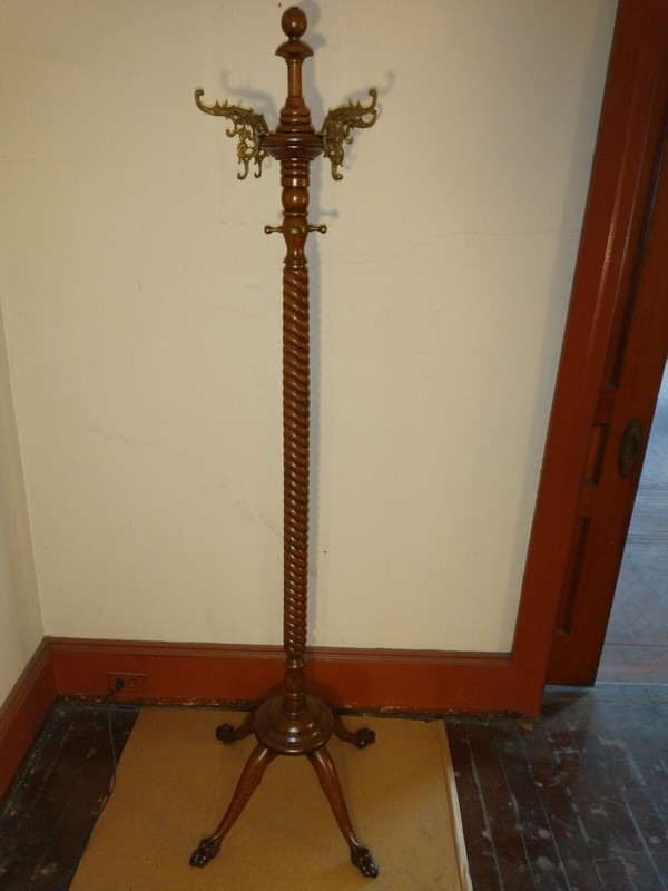 Antique Oak Hall Tree Claw Feet Original finish brass hooks look at the detail