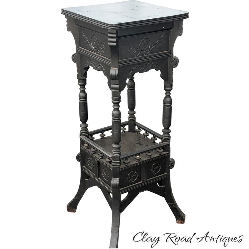 antique victorian ebonized aesthetic pedestal stand table eastlake 1890