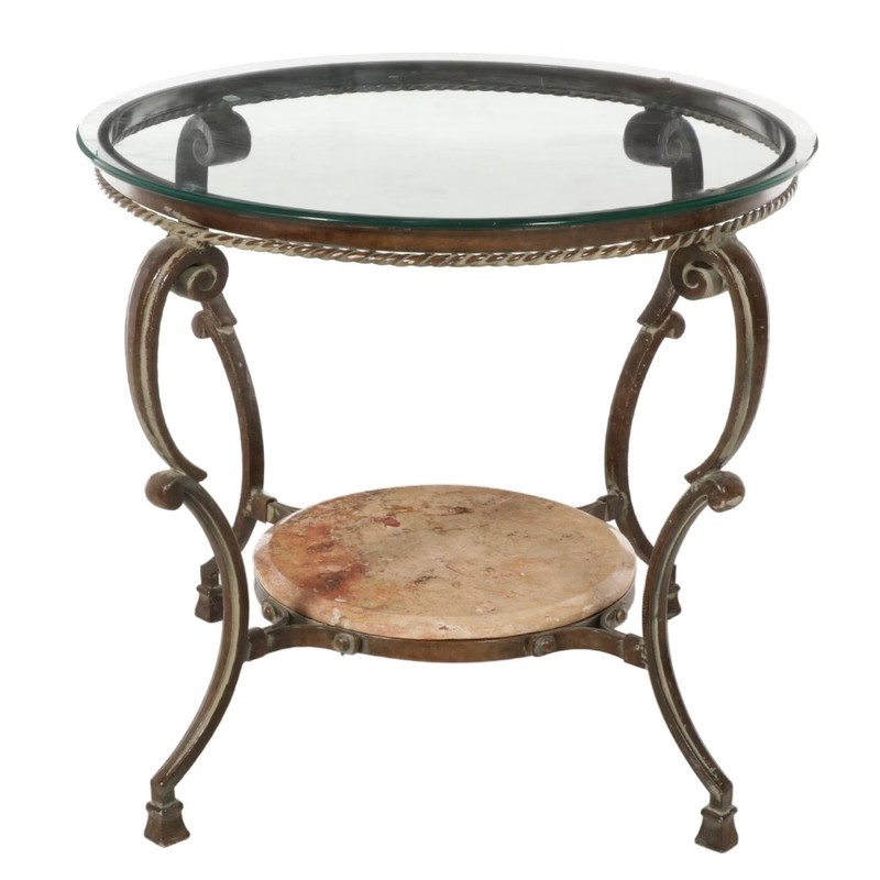 Scrolled Leg Metal Cocktail with Glass Top Side Table Marble Stone French