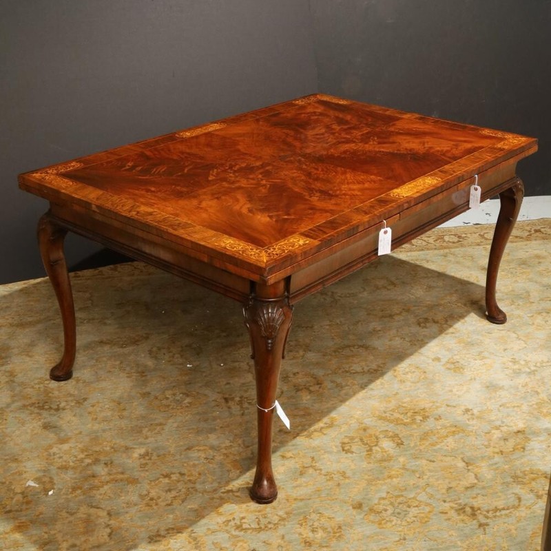 George II Style Burl Walnut Seaweed Marquetry Inlay Extension Dining Table
