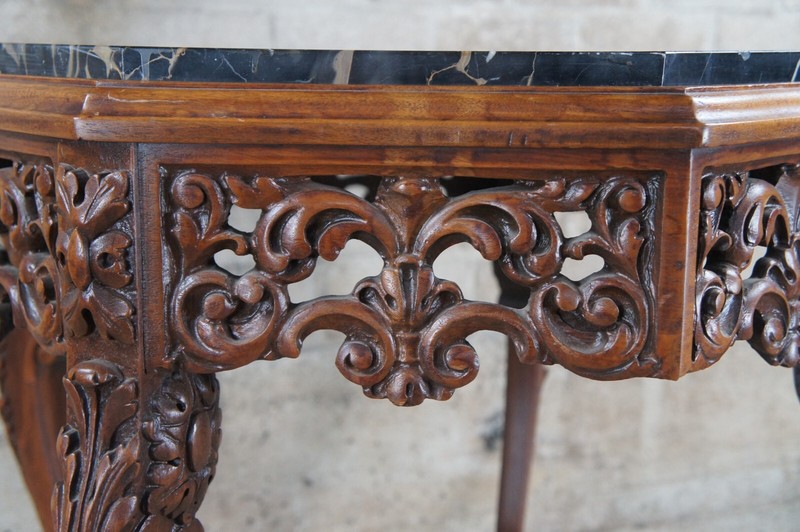 Antique Italian Renaissance Carved Walnut Marble Top Octagonal Center Side Table gallery