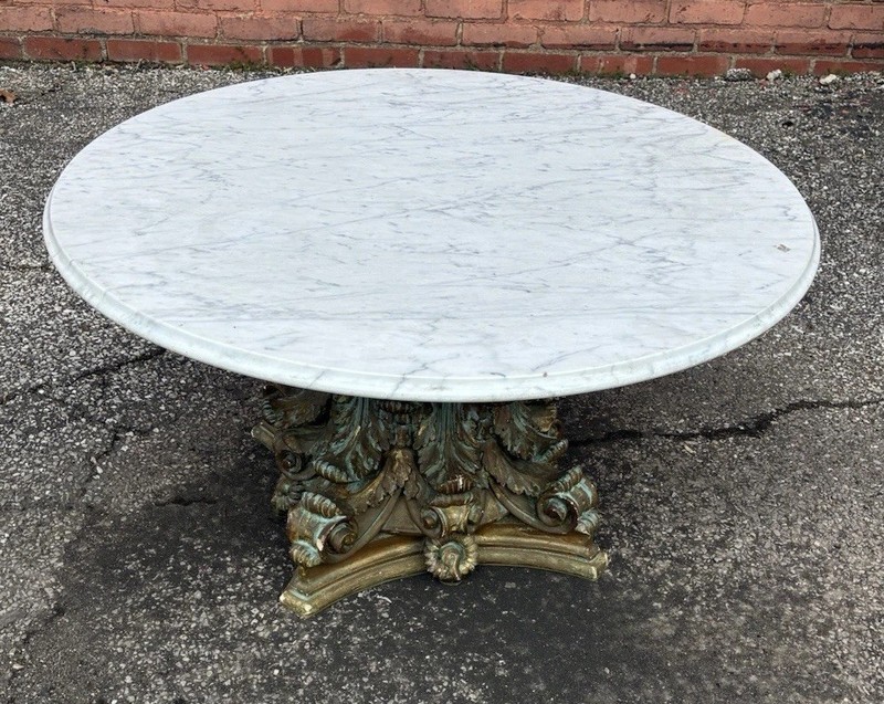 Vintage White Marble Coffee Table On Gilt Corinthian Capital 36”