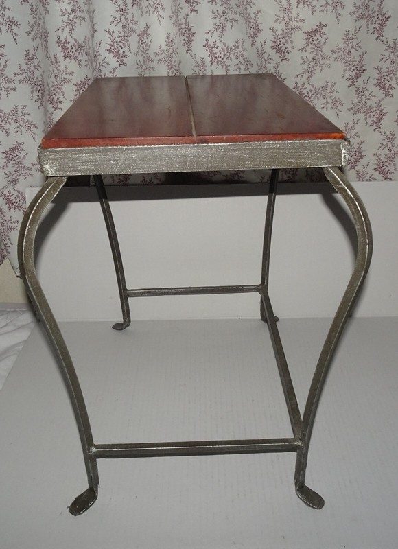 Vintage small side table with a Mahogany top and wrought iron Frame and legs gallery