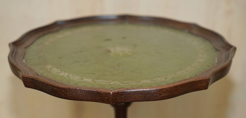LUXURY GREEN LEATHER WITH GOLD LEAF INLAY MAHOGANY TRIPOD LAMP SIDE END TABLE gallery