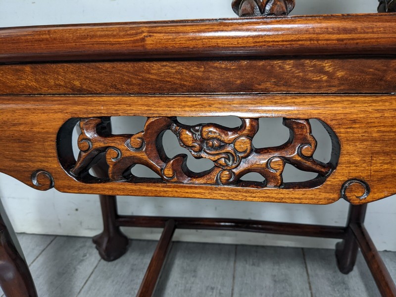 Vintage Asian Chinese Hand Carved Rosewood Marble 2-Tier Table Claw & Ball Feet gallery