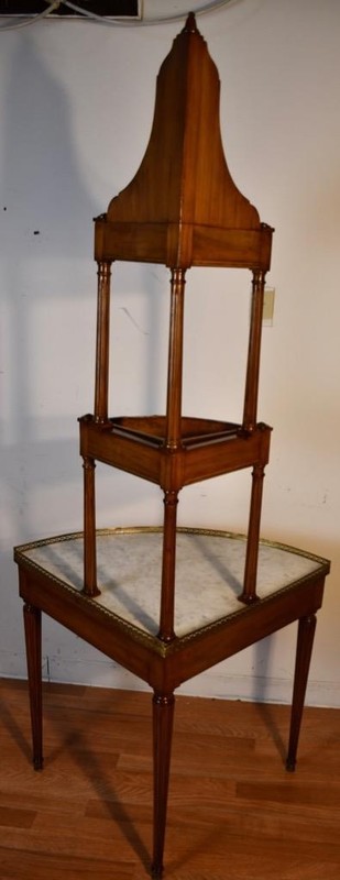 1910s Antique French Louis XVI Walnut & Marble top corner table with planters gallery