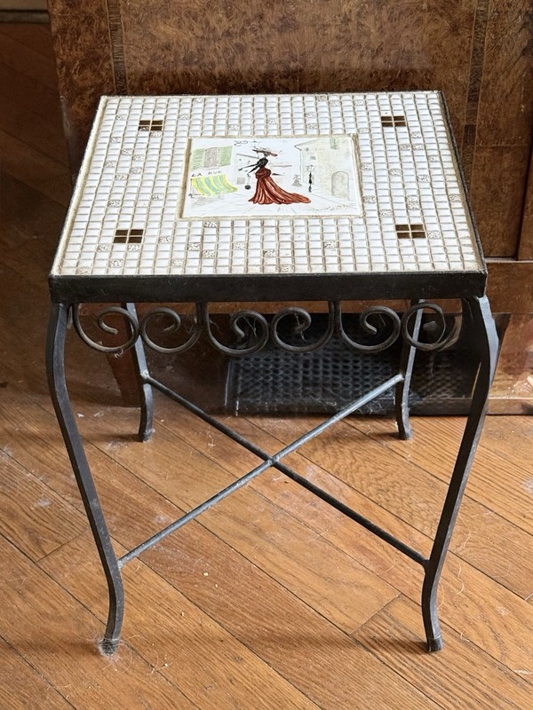 Vintage Mid Century Small Side Table Paris Lady Mosaic tiles Border Wrought Iron gallery