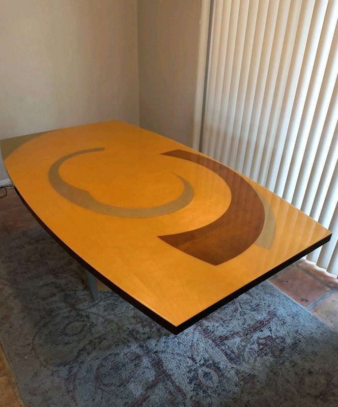 Benjamin Le Signed Postmodern Wood Inlay Dining Table. 1990's Axi Furniture gallery