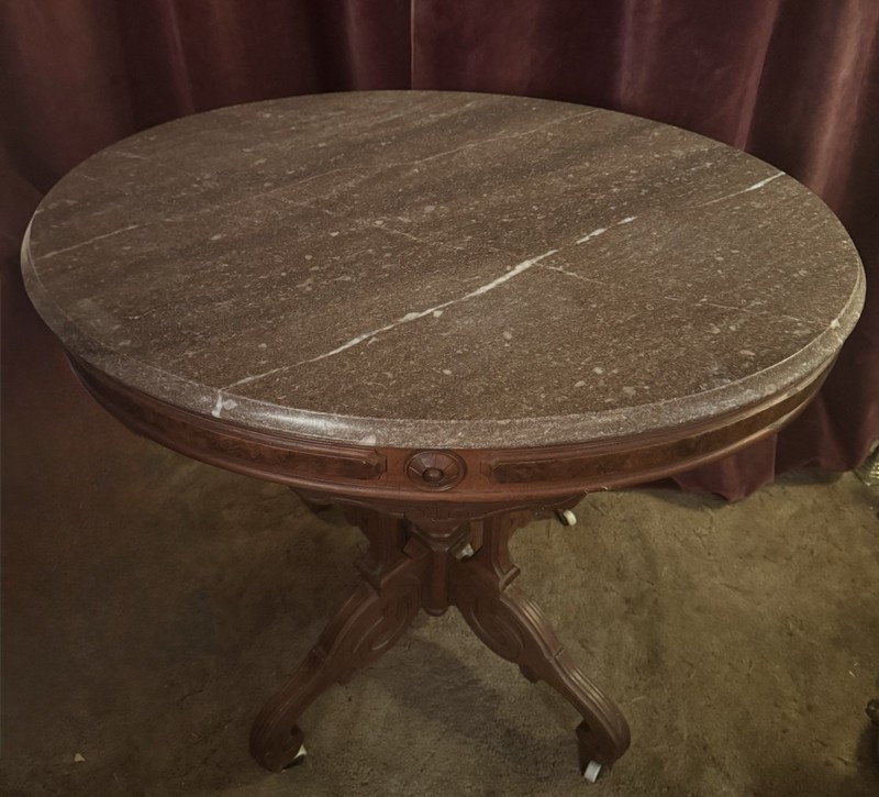 Antique Victorian Oval shaped Marble Top Walnut Parlor Table gallery
