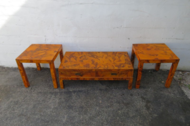 Italian Hollywood Regency Modern Patchwork Inlay Coffee and Side Tables Set 5958
