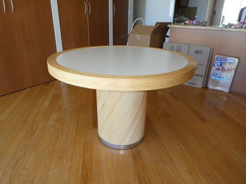 1970’S DESIGNER STACKED RATTAN DINING TABLE WITH LAMINATE TOP