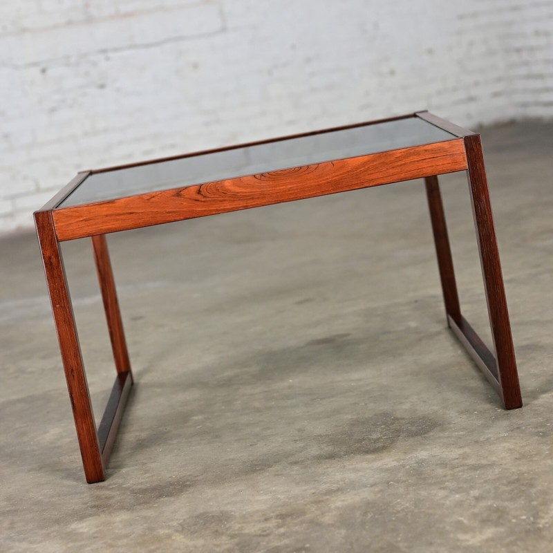 Vintage MCM Rosewood Square Frame & Smoked Glass Top Coffee or End Table