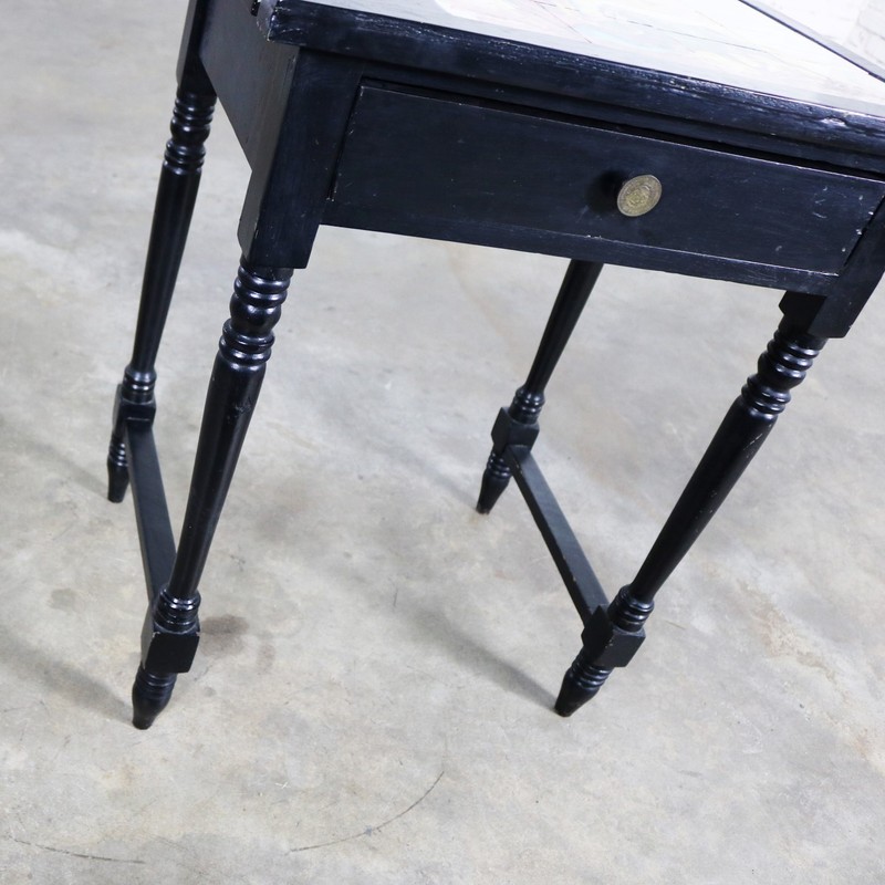 ON SALE!!! Black Turned Leg Drawered End Table with Matador and Bull Tile Insert gallery