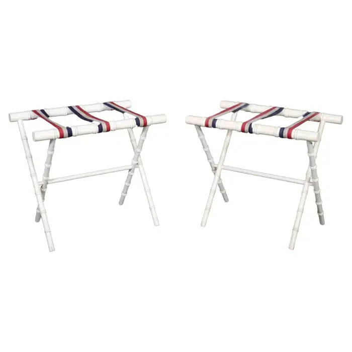 Pair Creme Paint Decorated Faux Bamboo Luggage Racks in Manner of Jacques Adnet