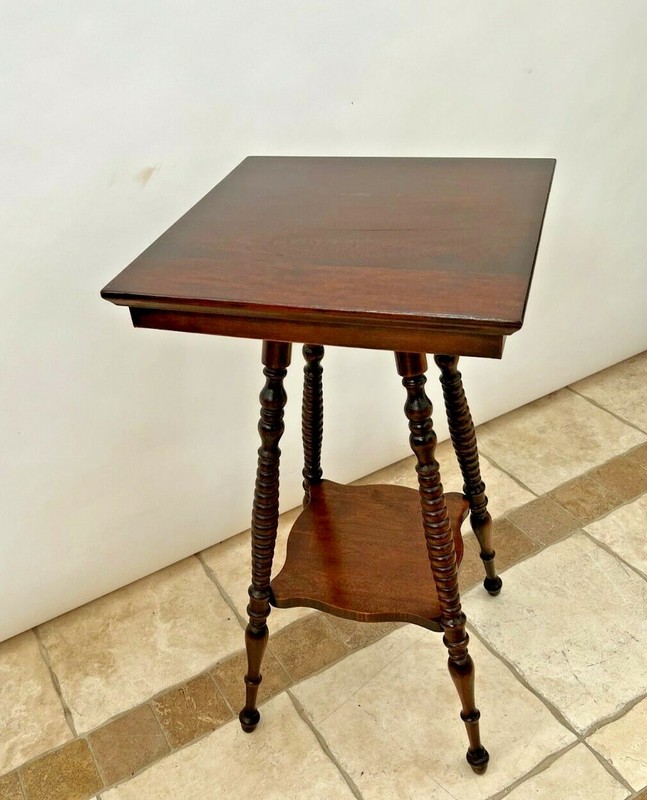 Antique Victorian Square Table with bottom shelf two tier Solid Mahogany gallery