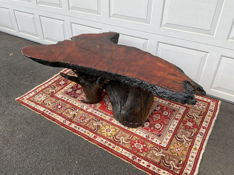 Rustic Handcrafted Free Form Live Edge Slab Redwood Large Coffee Table gallery