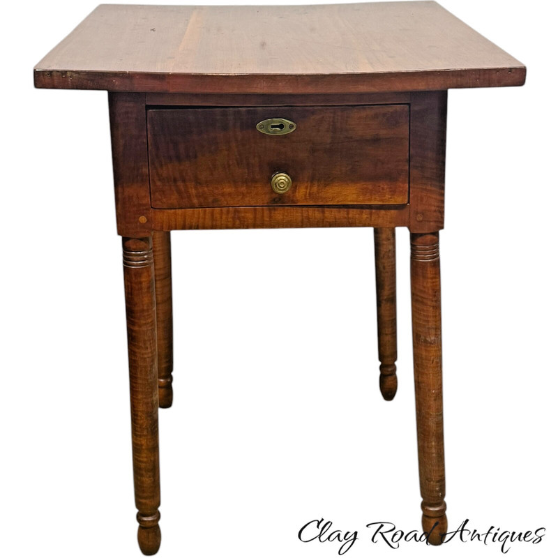 antique bench made tiger maple & walnut work table night stand end 1800s drawer