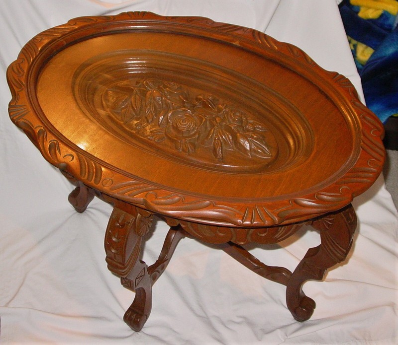 ANTIQUE WOOD CARVED GLASS TOP END TABLE-ROSE THEME-EARLY 1900’s?